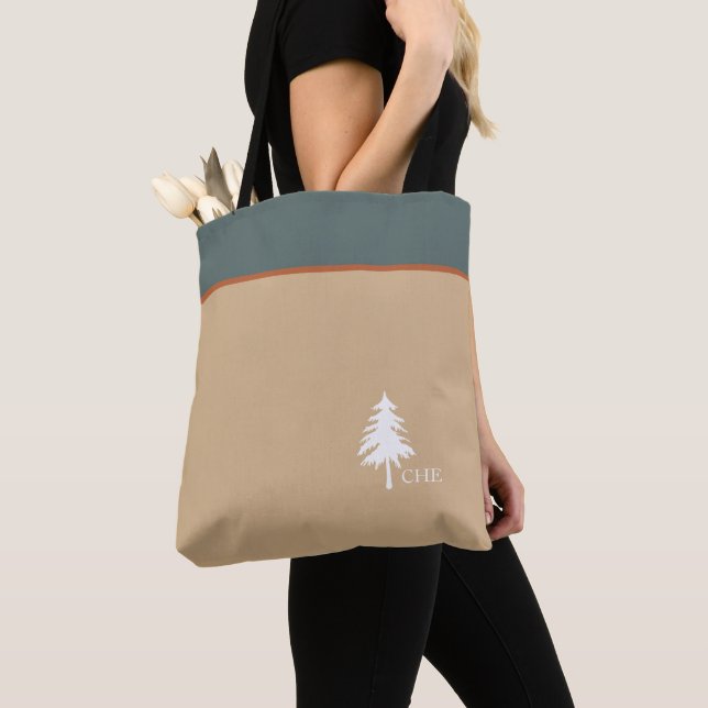 Monogram Tree Green Tan Nature Inspired Tote Bag (Close Up)