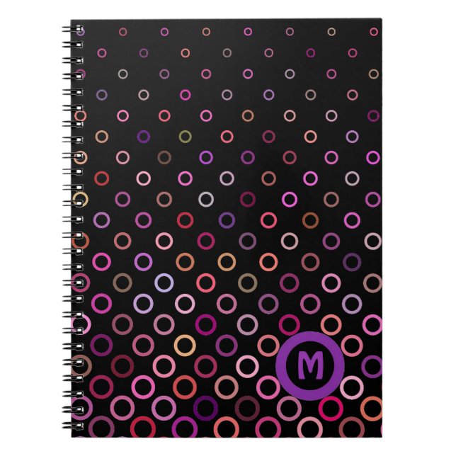 Monogram Trendy Colorful Circles on Black Notebook (Front)