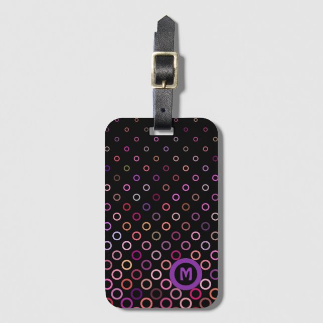 Monogram Trendy Colourful Circles on Black Luggage Tag (Front Vertical)