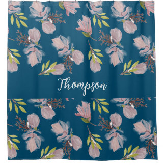 Monogram trendy navy blue floral pattern stylish shower curtain