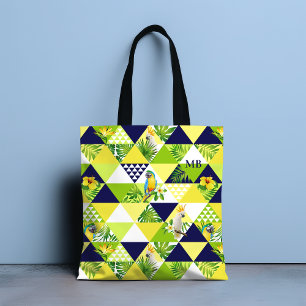Monogram Trendy Tropical Cockatoo Parrot Floral Tote Bag