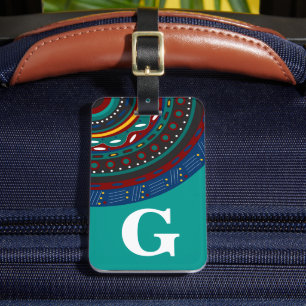 Monogram, Tribal Inspired Pattern, Teal Luggage Tag