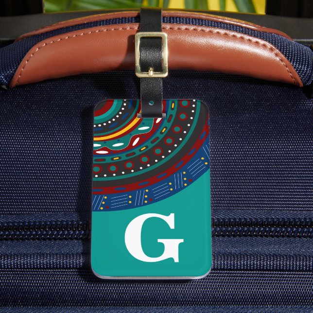 Monogram, Tribal Inspired Pattern, Teal Luggage Tag (Front Insitu 2)