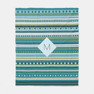 Monogram Tribal Teal Blue Pattern Fleece Blanket