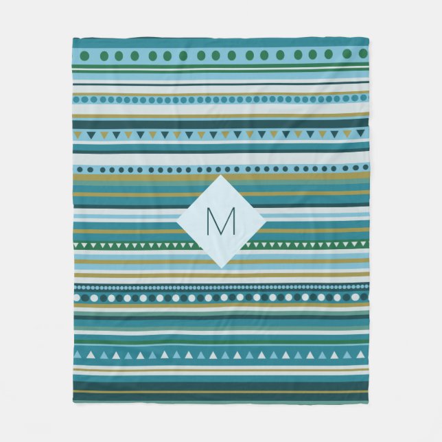 Monogram Tribal Teal Blue Pattern Fleece Blanket (Front)