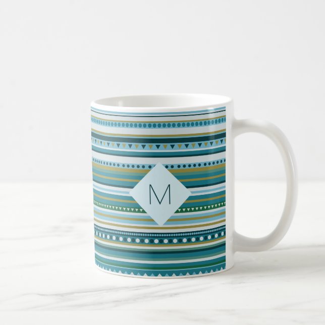 Monogram Tribal Teal Blue Pattern Mug (Right)