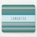 Monogram Tribal Teal Blue Stripes Pattern Mousepad<br><div class="desc">Fun and bold tribal pattern with contrast colours: teal. blue, green, light blue, light grey, gold (not real gold but colour). Light blue ribbon with dark blue custom name on it. Trendy sketchy font. Cheerful, cosy, unique. Modern and hipster.</div>