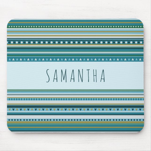 Monogram Tribal Teal Blue Stripes Pattern Mousepad (Front)