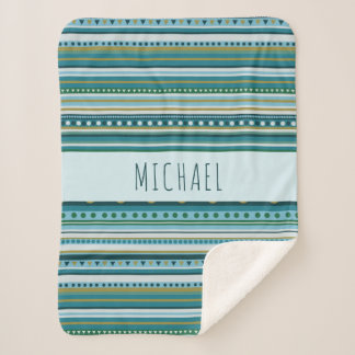 Monogram Tribal Teal Blue Stripes Sherpa Blanket