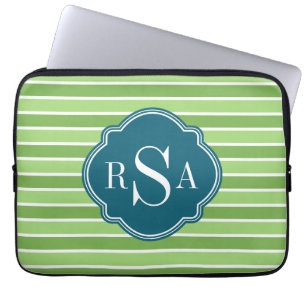 Monogram Trio Green Stripes Pattern Laptop Sleeve