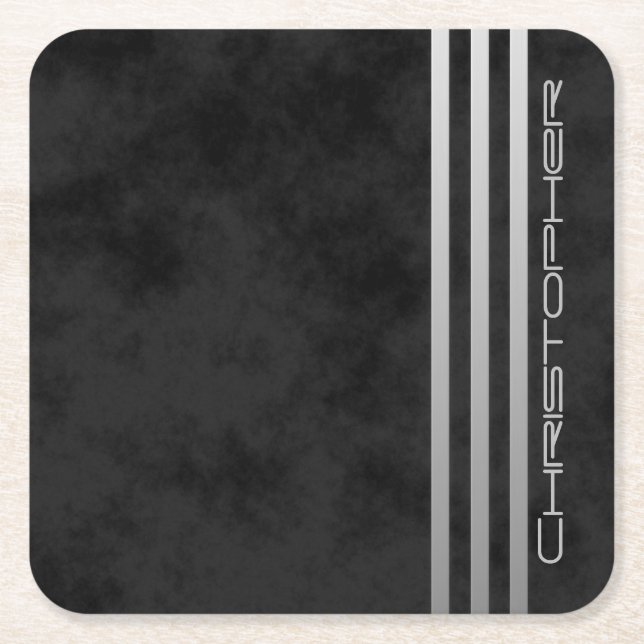 * Monogram Triple Gradient Bars on Mottled Black Square Paper Coaster (Front)