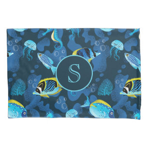 Monogram Tropical Blue Yellow Fishes Illustration Pillowcase