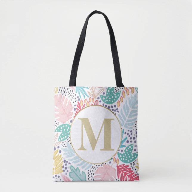 Monogram Tropical Colourful Collage Tote Bag (Front)