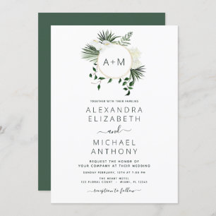 Monogram Tropical Emerald Green Wedding Invitation