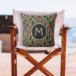 Monogram Tropical Geometric Pattern Cushion<br><div class="desc">Your monogram on a background of green tropical leaves and red ginger plants on a black and ivory geometric pattern background,  these pillows are a beautiful accent to your summer patio. Available in 3 sizes - 16" x 16",  20" x 20" and lumbar shape. MATCHING items in our store.</div>