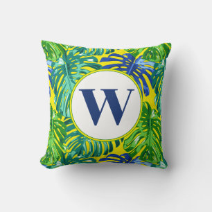 Monogram Tropical Green Yellow Monstera Leaves Cushion
