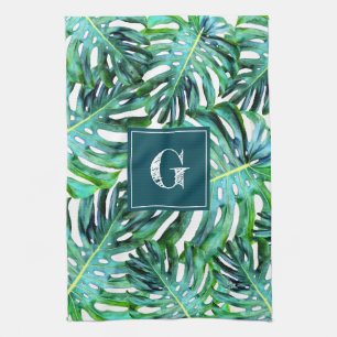 Monogram Tropical Greenery Pattern Monstera Leaf Tea Towel