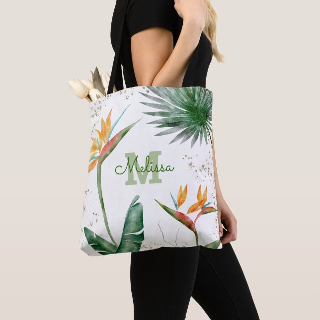 Monogram Tropical Island Floral Script Gold White Tote Bag (Close Up)