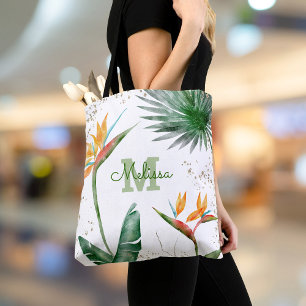 Monogram Tropical Island Floral Script Gold White Tote Bag