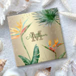 Monogram Tropical Palm Foliage Floral Script Gold  Tile<br><div class="desc">Bring a bit of elegant tropical hospitality to your home all year long whenever you use this chic, modern custom monogram ceramic tile. Stunning, sophisticated, colourful, tropical watercolor birds of paradise flowers, faux gold glitter, and personalised calligraphy script with a bold monogram initial, overlay a stylish, glam brushed gold foil...</div>