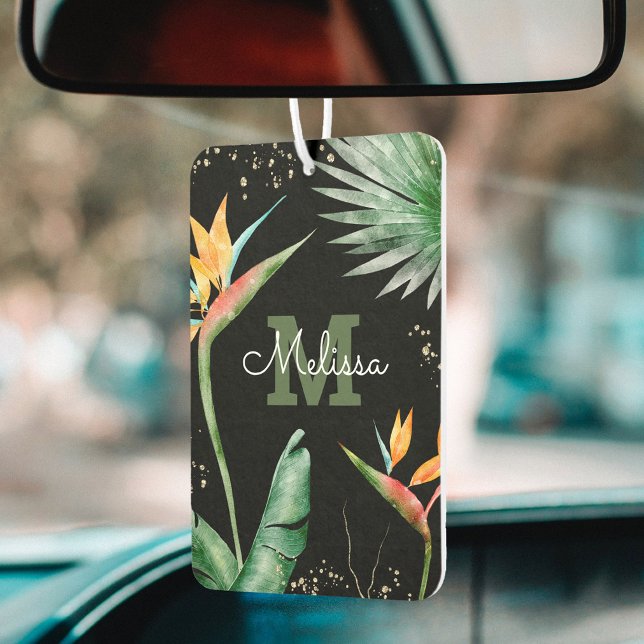 Monogram Tropical Palm Foliage Gold Black Script Car Air Freshener (Creator Uploaded)