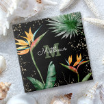 Monogram Tropical Palm Foliage Script Gold Black Tile<br><div class="desc">Bring a bit of elegant tropical hospitality to your home all year long whenever you use this chic, modern custom monogram ceramic tile. Stunning, sophisticated, colourful, tropical watercolor birds of paradise flowers, faux gold glitter, and personalised calligraphy script with a bold monogram initial, overlay a dramatic black background. Personalise with...</div>