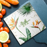 Monogram Tropical Palm Foliage Script Gold White Tile<br><div class="desc">Bring a bit of elegant tropical hospitality to your home all year long whenever you use this chic, modern custom monogram ceramic tile. Stunning, sophisticated, colourful, tropical watercolor birds of paradise flowers, faux gold glitter, and personalised calligraphy script with a bold monogram initial, overlay a chic, airy white background. Personalise...</div>