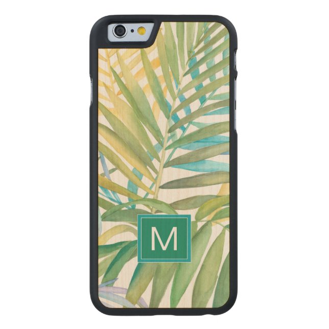 Monogram | Tropical Palm Leaves Carved Wood iPhone Case (Back)