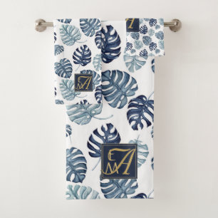 Monogram Tropical Palm Navy Blue Gold Wedding Bath Towel Set