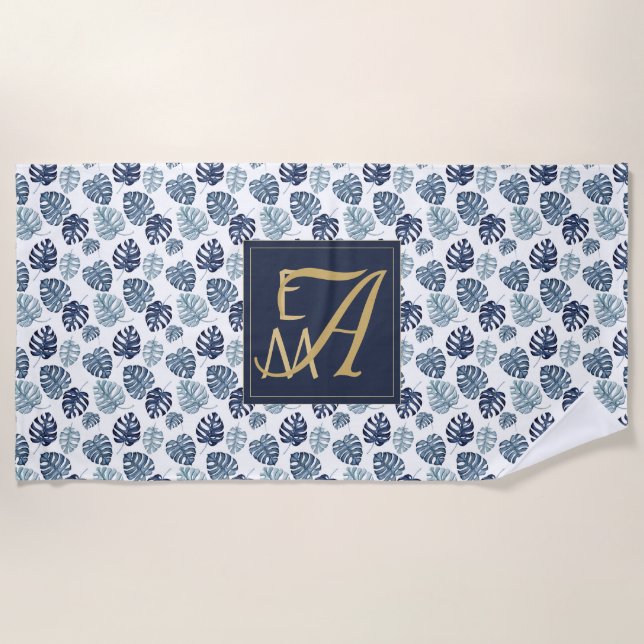 Monogram Tropical Palm Navy Blue Gold Wedding Beach Towel (Front)