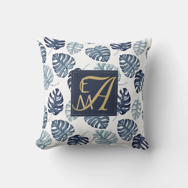 Monogram Tropical Palm Navy Blue Gold Wedding Cushion (Front)