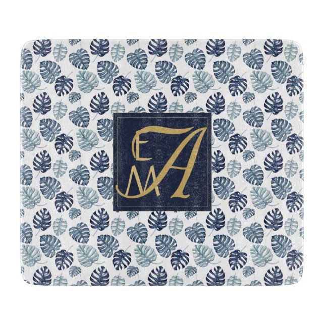 Monogram Tropical Palm Navy Blue Gold Wedding Cutting Board (Front)