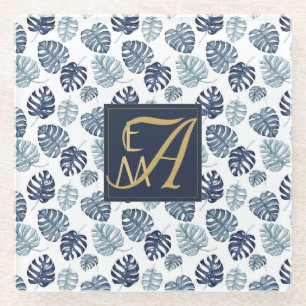 Monogram Tropical Palm Navy Blue Gold Wedding Glass Coaster