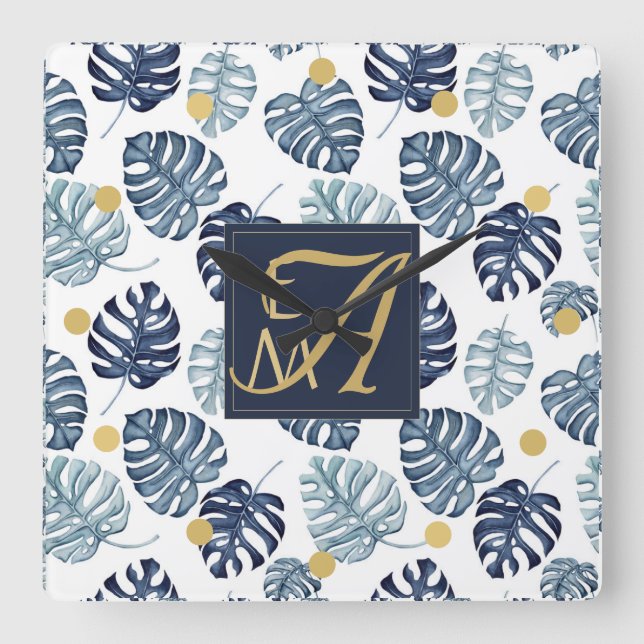 Monogram Tropical Palm Navy Blue Gold Wedding Square Wall Clock (Front)
