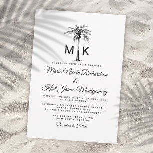 Monogram Tropical Palm Tree Formal Beach Wedding Invitation