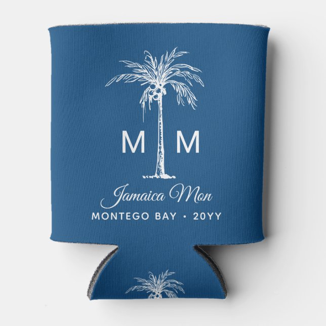 Monogram Tropical Palm Tree Personalised Name Can Cooler (Front)