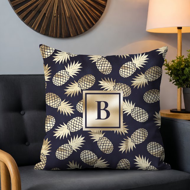 Monogram Tropical Pineapple Girly Gold Navy Cushion (Creator Uploaded)