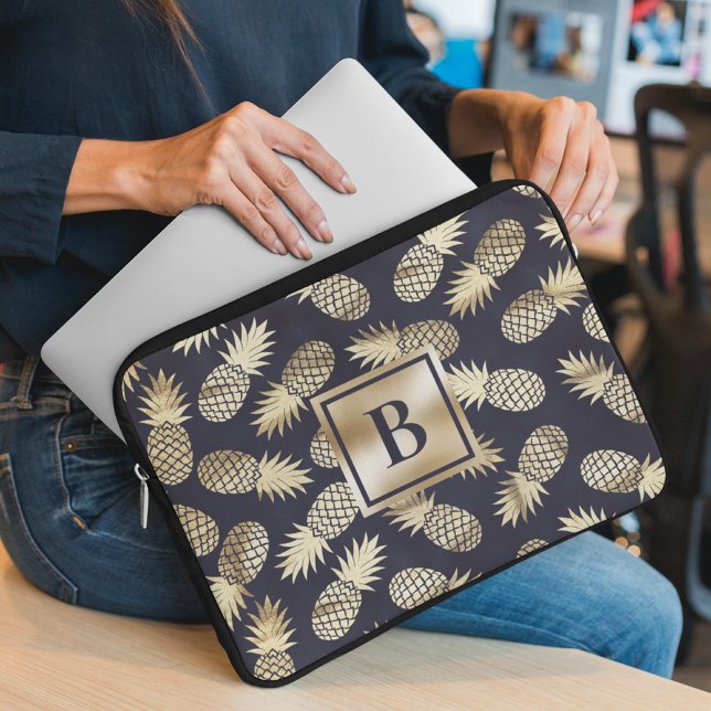 Monogram Tropical Pineapple Girly Gold Navy Laptop Sleeve (Creator Uploaded)