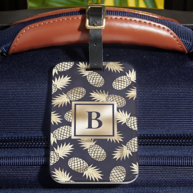 Monogram Tropical Pineapple Girly Gold Navy Luggage Tag (Front Insitu 2)
