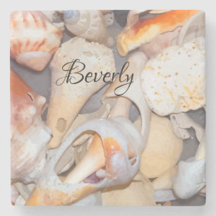 Monogram Tropical Seashell Pattern Stone Coaster