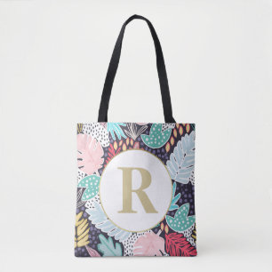 Monogram Tropical Shapes Collage Pattern Tote Bag