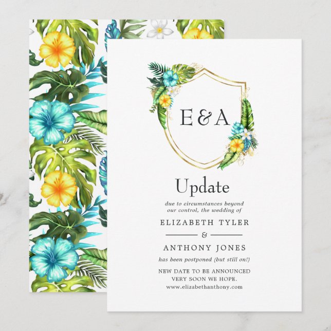 Monogram Tropical Summer Beach Wedding Update Invitation (Front/Back)