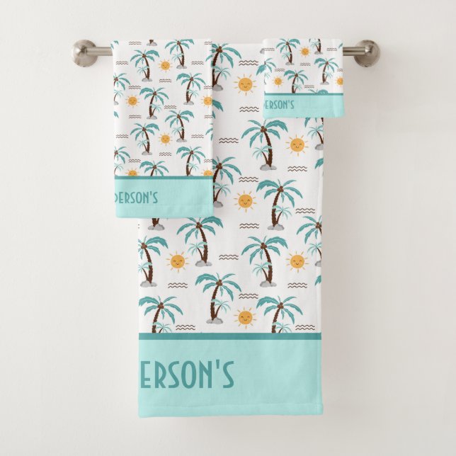 Monogram Tropical Summer Palm Trees Sunshine Beach Bath Towel Set (Insitu)