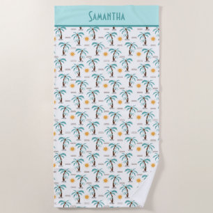 Monogram Tropical Summer Palm Trees Sunshine Teal Beach Towel