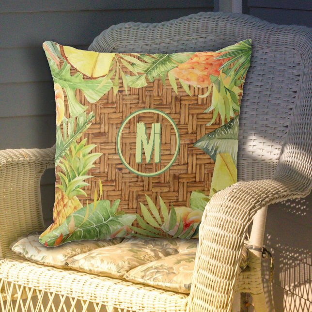 Monogram Tropical Watercolor Floral Cushion (Monogram Tropical Watercolor Floral Outdoor Pillow - 2 sizes)