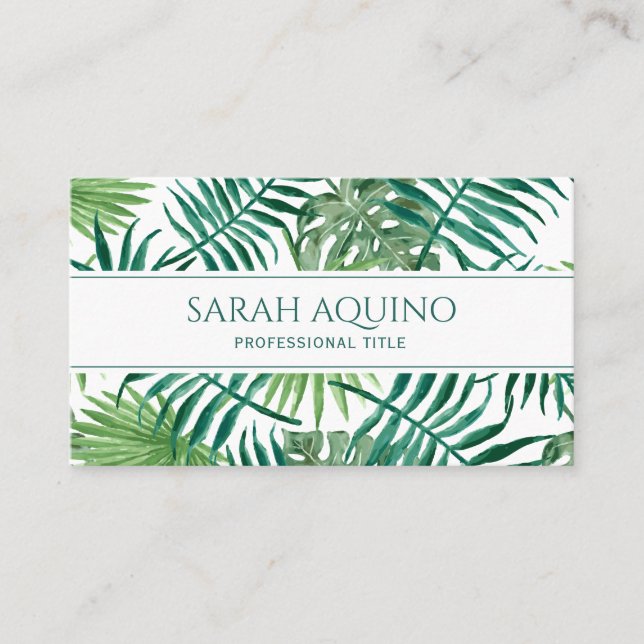 Monogram Tropical Watercolor Palm Leaves Botanical Business Card (Front)