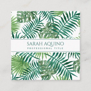 Monogram Tropical Watercolor Palm Leaves Square Business Card