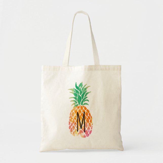 monogram tropical watercolor pineapple tote bag (Front)