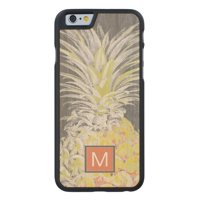 Monogram | Tropical Yellow Pinneapple Carved Wood iPhone Case (Back)