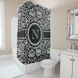 Monogram Tudor Garden Damask Elegant Black White Shower Curtain